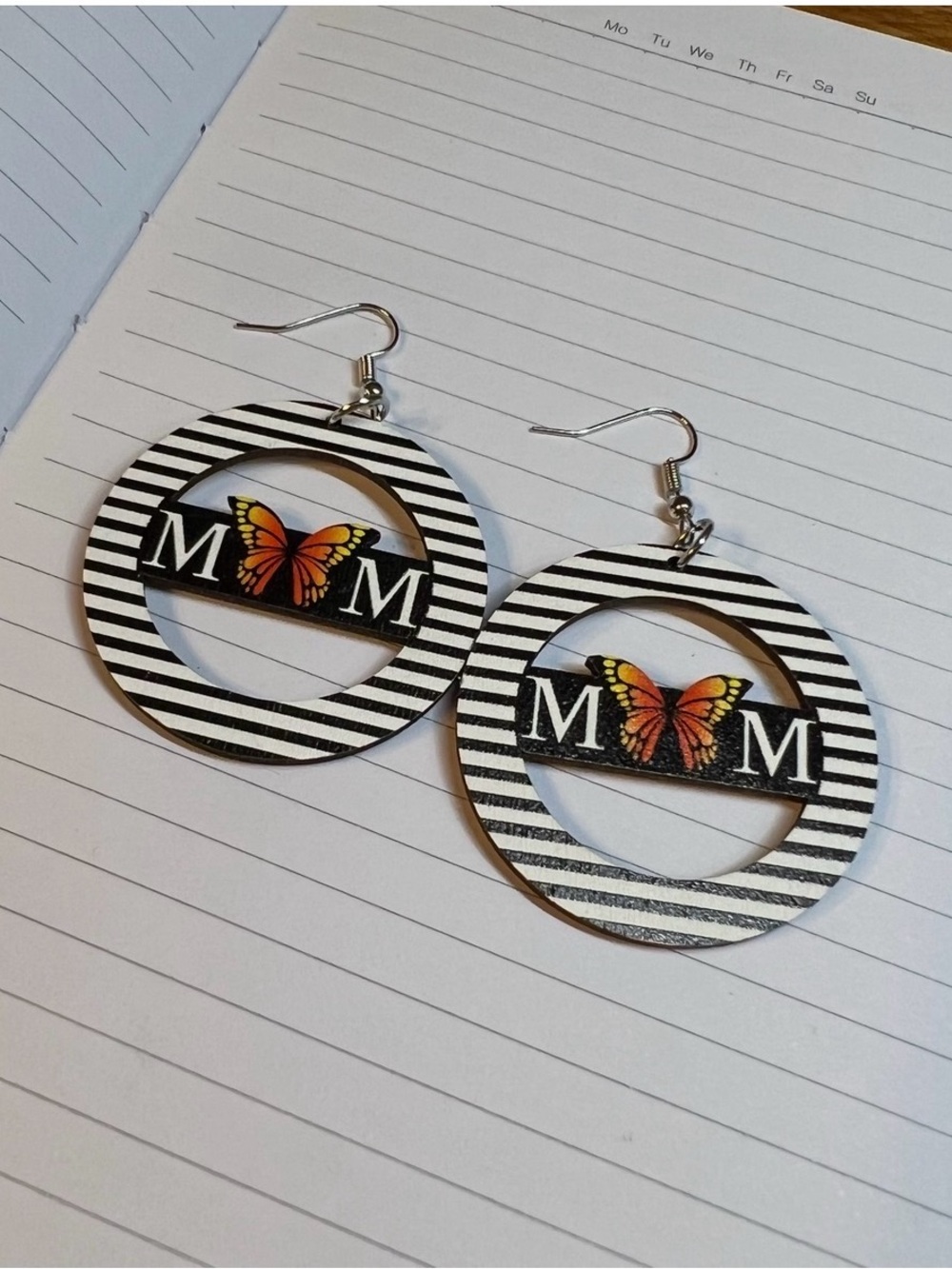NWT Striped Circle Wooden Earrings with Orange Butterfly Accent